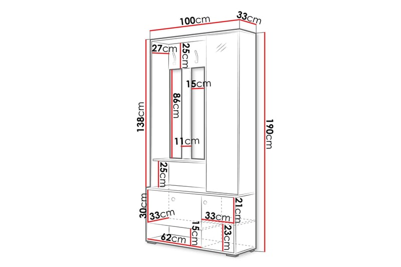 Huddinge Garderobe med Speil 100 cm - Eik - Oppbevaring - Klesoppbevaring - Garderober & garderobesystem