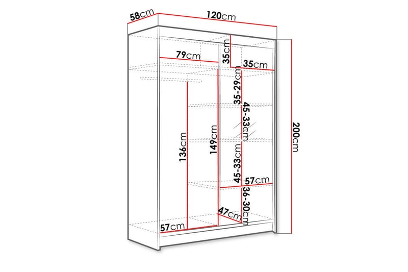 Liverpool Garderobe med Speil 120x200 cm - Hvit/Svart - Oppbevaring - Klesoppbevaring - Garderober & garderobesystem