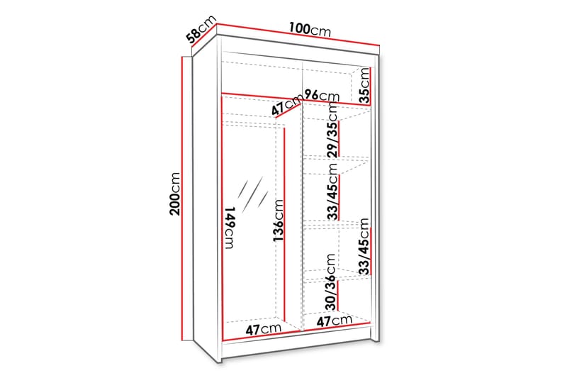 Narbonne Garderobe med Speil 100x200 cm - Hvit - Oppbevaring - Klesoppbevaring - Garderober & garderobesystem