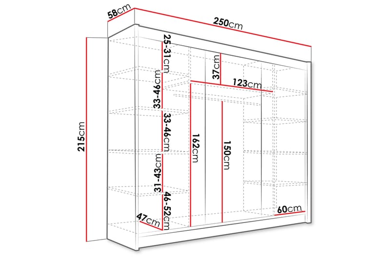 Sia Garderobe med Speil 250x215 cm - Hvit - Oppbevaring - Klesoppbevaring - Garderober & garderobesystem