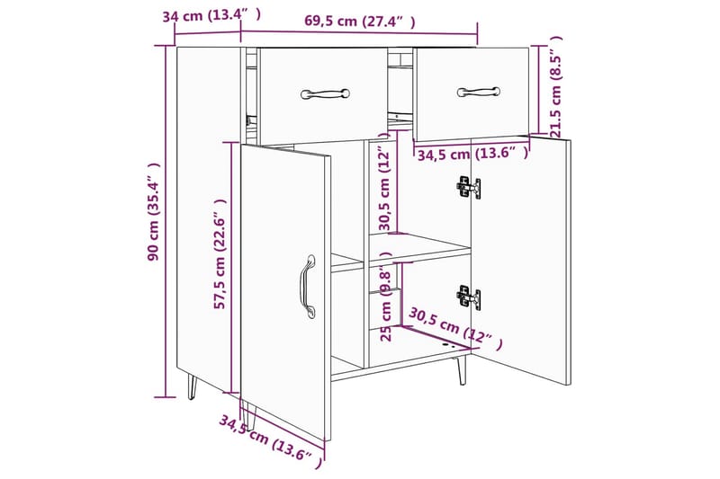 beBasic Skjenk høyglans hvit 69,5x34x90 cm konstruert tre - Hvit - Oppbevaring - Oppbevaringsmøbler - Sideboard & skjenker