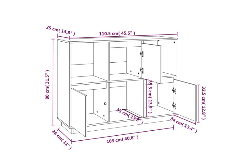 beBasic Skjenk hvit 110,5x35x80 cm heltre furu - Hvit - Oppbevaring - Oppbevaringsmøbler - Sideboard & skjenker