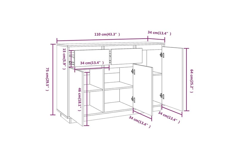 beBasic Skjenk hvit 110x34x75 cm heltre furu - Hvit - Oppbevaring - Oppbevaringsmøbler - Sideboard & skjenker