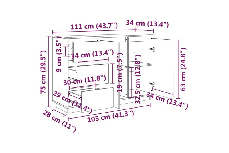 Skjenk 111x34x75 cm heltre furu - Brun - Oppbevaring - Oppbevaringsmøbler - Sideboard & skjenker