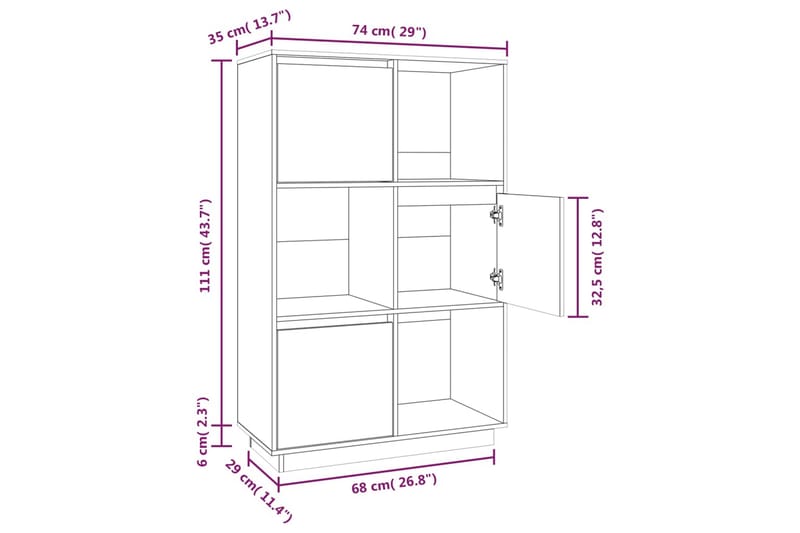 beBasic Highboard hvit 74x35x117 cm heltre furu - Hvit - Oppbevaring - Skap - Vitrineskap