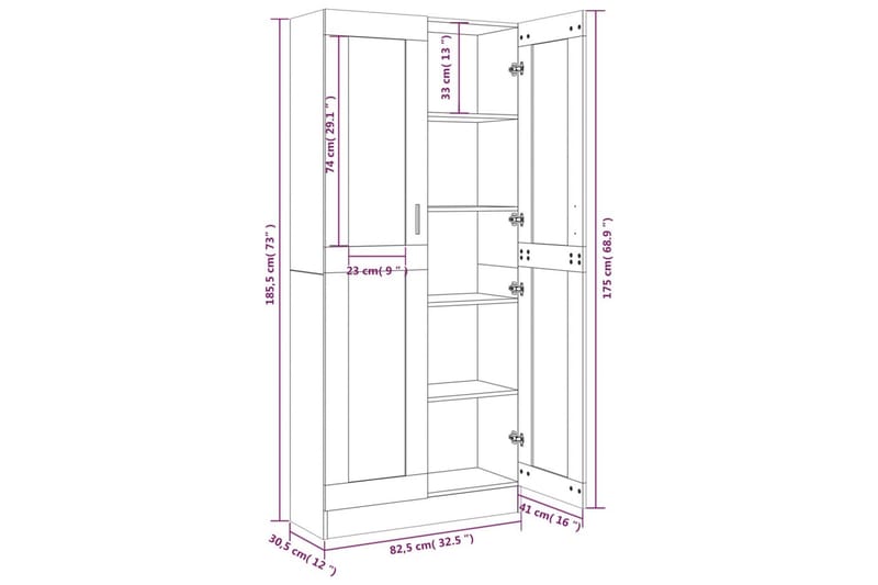 beBasic Vitrineskap brun eik 82,5x30,5x185,5 cm konstruert tre - Brun - Oppbevaring - Skap - Vitrineskap