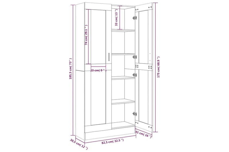 beBasic Vitrineskap grå sonoma 82,5x30,5x185,5 cm konstruert tre - GrÃ¥ - Oppbevaring - Skap - Vitrineskap