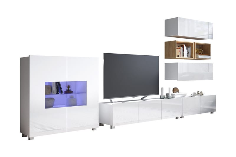 Stakem TV-Møbelsett med Blå LED - Hvit - Oppbevaringsskap