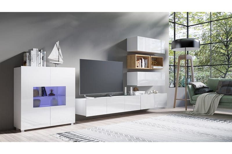 Stakem TV-Møbelsett med Blå LED - Hvit - Oppbevaringsskap