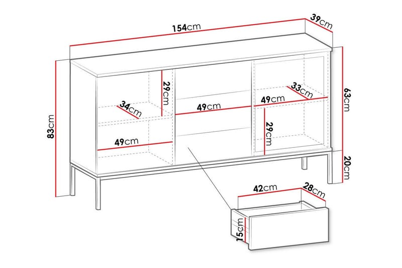 Klinkerville Lavt vitrineskap – Display med belysning – Tre – D39xH83xB154 cm - Svart - Oppbevaring - Skap - Vitrineskap