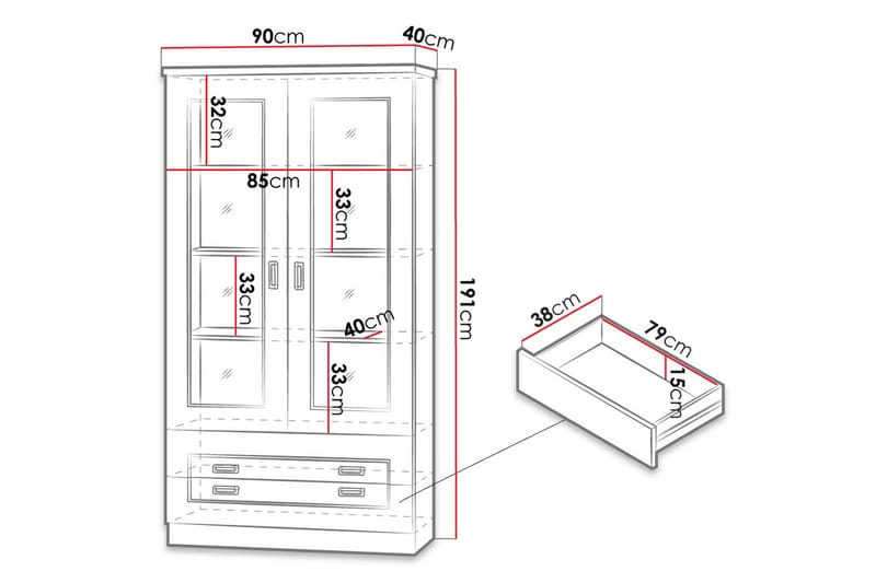 Tadeusz Vitrineskap 90x44x190 cm - Oppbevaring - Skap - Vitrineskap