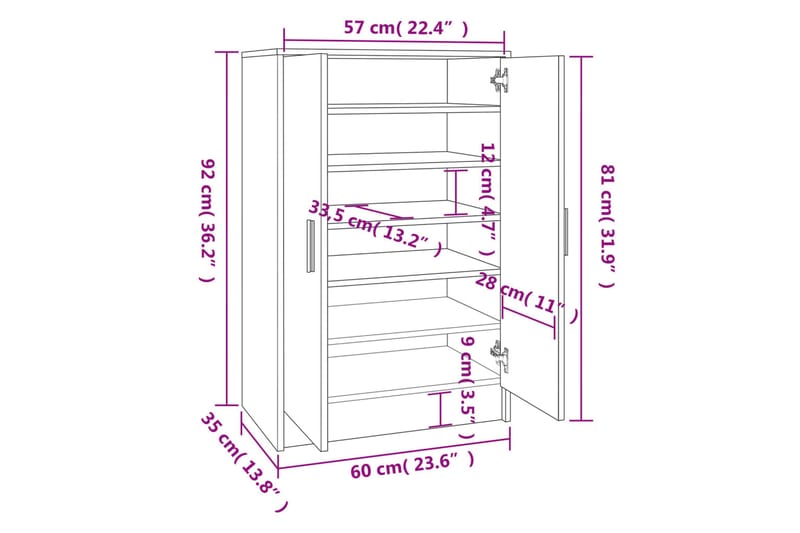 beBasic Skohylle brun eik 60x35x92 cm konstruert tre - Brun - Oppbevaring - Skooppbevaring