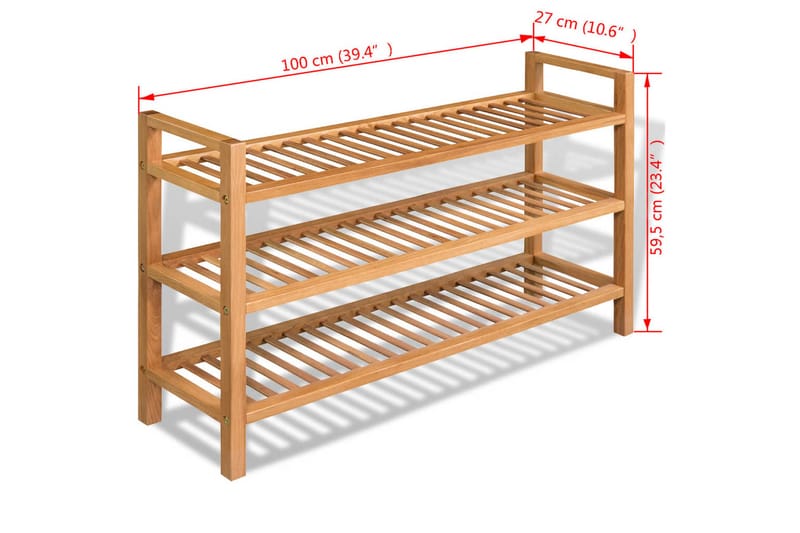 Skostativ med 3 hyller 100x27x59,5 cm heltre eik - Oppbevaring - Skooppbevaring