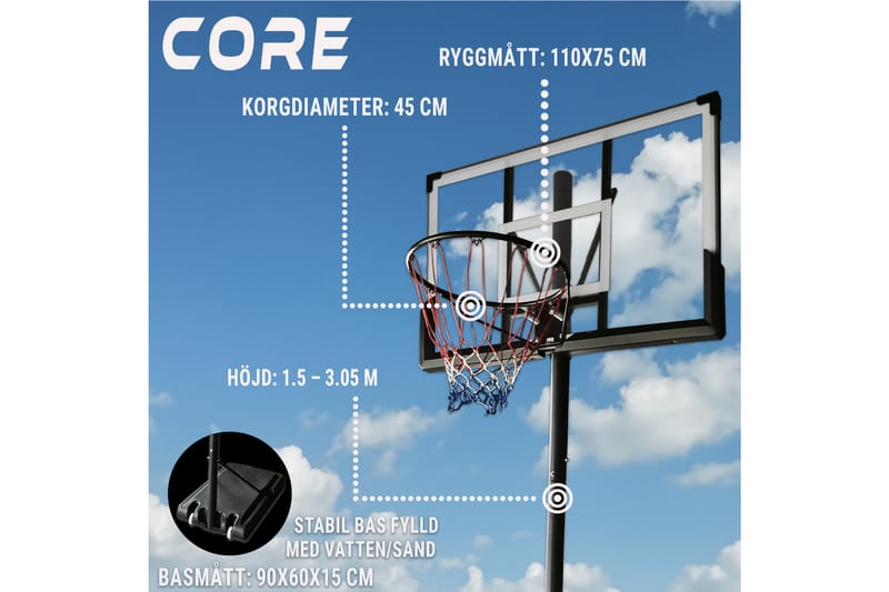 Core Basketballkurv 1,5-3,05 m - Svart - Utendørs spill