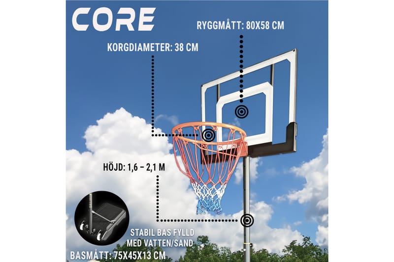 Core Basketballkurv for barn 1,6-2,1 m - Svart/Oransje - Utendørs spill