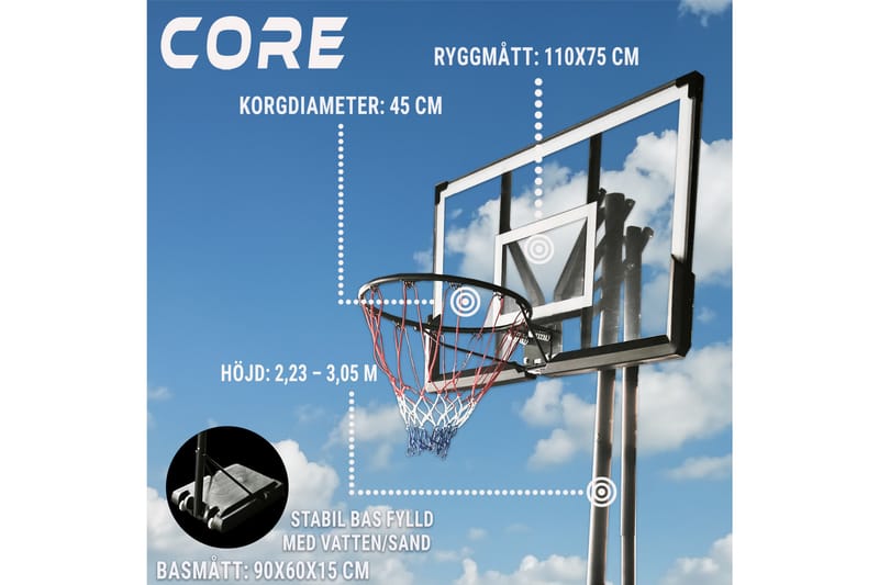 Core Basketballkurv Premium 2,3-3,05 m - Svart - Utendørs spill